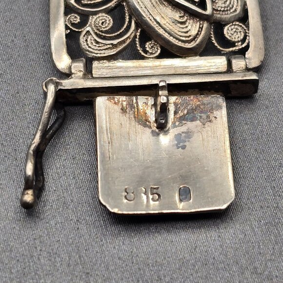 Vintage 850 Silver Filigree Panel Bracelet 7" Floral Design Hidden Clasp - Picture 6 of 11